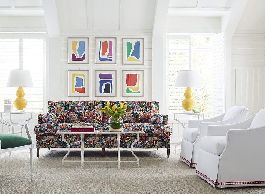 A traditional floral sofa enhances the contemporary living space